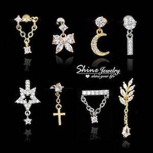 Star Moon Cross Bowknot Plant Bar Chain Drop Dangle Earring, Helix/Conch / Cartilage/Tragus Earring, 20g Screw Back Bar Ear Piercing Earring