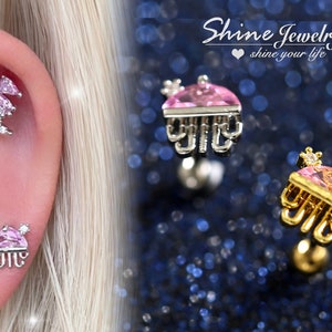 Cute Pink Jellyfish Stud Earring, Silver / Gold Helix / Cartilage / Tragus / Conch Stud Earring, 20g Screw Back Bar Ear Piercing Earring