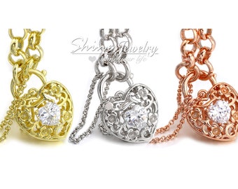 Vintage Bracelet, Gold Filled Crystal Heart Padlock Bracelet, Handmade Filigree Bracelet, Belcher Chain Bracelet, Gift for Her / Mum / Wife