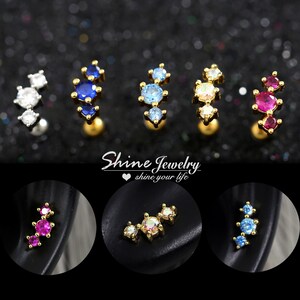 Trinity 3-stone Ear Climber, Crystal Curve Bar Ear Cartilage Helix Conch Percing Ring, Screw Back Surgical Steel Body Piercing Earring, 20g
