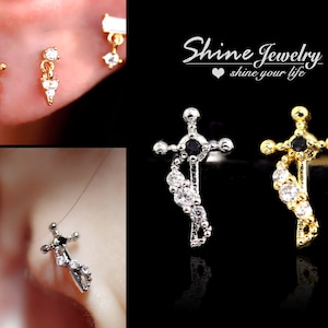 Gothic Punk Black Crystal Cross Earring, Silver / Gold Helix / Conch / Cartilage/ Tragus Stud Earring, 20g Screw Back Ear Piercing Earring