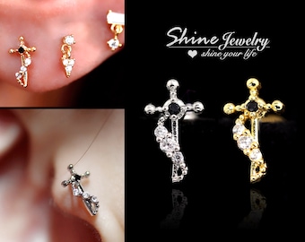 Gothic Punk Black Crystal Cross Earring, Silver / Gold Helix / Conch / Cartilage/ Tragus Stud Earring, 20g Screw Back Ear Piercing Earring