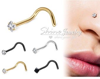 Piercing para la nariz cuadrado de 20 g, diseño de princesa, reina de hielo, color plata, dorado y negro.