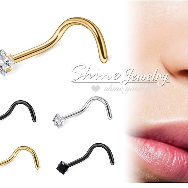 20g Mignon Carré Nez Stud, Narine Stud, Argent / Or / Noir Nez Stud Nez Anneau, Princess Square Ice Queen Cristal Nez Vis Piercing