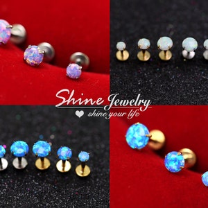 White /Purple /Blue Opal Gem Ring Bar Round Stud Ball, 16g 3mm-5mm Stud Earring, Push Pin Ear Cartilage Helix Tragus Nose Lip Body Piercing