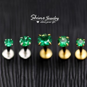 Emerald Green CZ Internally Threaded Flat Back Ring Bar Round Stud Earring, 16g Ear Cartilage Conch Helix Tragus Labret Lip Body Piercing