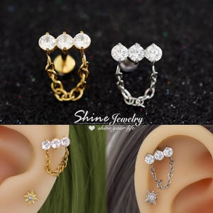 3-Stone Trilogy Bar Chain Drop Dangle Earring, Helix / Conch / Cartilage/ Tragus Earring, 16g 316L Steel Flat Back Bar Ear Piercing Earring