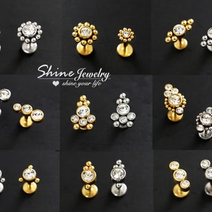 Crystal Dots Vintage Bar Ball Ear Cartilage Helix Tragus Conch Stud Earrings, Surgical Steel Flat Back Ear Nose Labret Stud Piercing