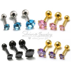 2-8mm Pink/Blue/Purple/Black CZ Ring Bar Stud Earring, 16g Solitaire Ear Cartilage Conch Helix Tragus Screw Ball Piercing, Body Piercing