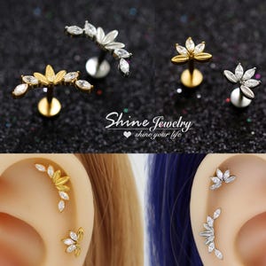 Vintage Marquise Crystal Curve Bar Ear Climber Cartilage Helix Tragus Conch Stud Earrings, Surgical Steel Flat Back Ear Labret Stud Piercing