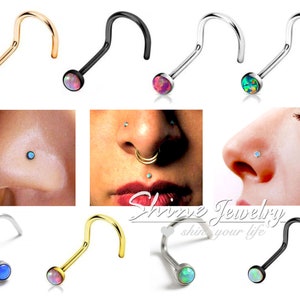 May include: A set of six nose rings with opal stones in various colours. The rings are made of surgical steel and come in gold, silver, and black.