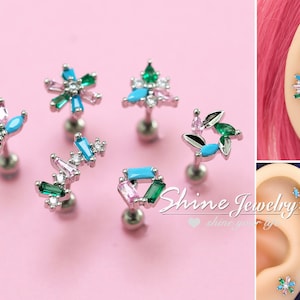 20g Turquoise Crystal Screw Back Earrings, Floral Ear Cartilage Helix Tragus Piercing Stud Earring, Vintage Style Ear Climber, Conch Earring