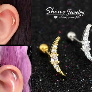 Crescent Moon Luna Crystal Stud Earring, Silver / Gold Helix / Conch / Cartilage/ Tragus Stud Earring, 20g Screw Back Climber Earring
