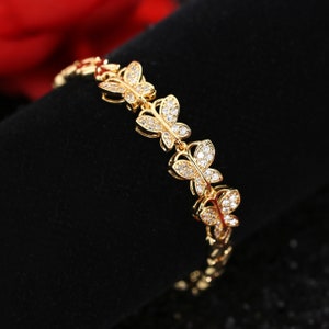 18CT Gold Filled CZ Butterfly Bracelet, Floral Band Links Chain Bracelet, 18.5cm Bridal 10mm Chunky Band Bracelet, Gift for Her / Mum