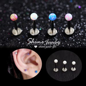 Cute Opal/Pearl Beal Ball Bar Ear Cartilage Helix Tragus Conch Stud Earrings, Surgical Steel Flat Back Ear Helix Nose Labret Stud Piercing