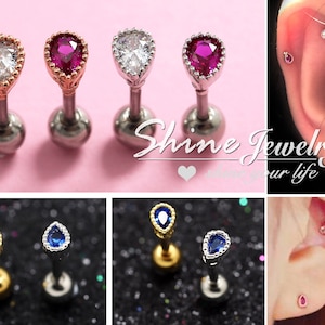18g Crystal Droplet Stud Earring, Ear Cartilage Stud, Helix Stud, Conch Stud, Tragus Stud, Pink/Blue/Green/Gold/Silver Crystal Stud Earrings