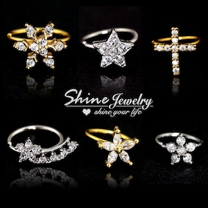 20 g zilver/gouden neusring, kristallen bloem/ster/sneeuwvlok/kruis neusring, 8 mm chirurgisch staal helix piercing oor kraakbeen