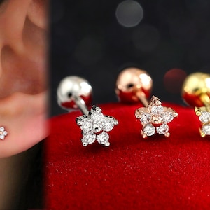 Mini Crystal Flower Ear Cartilage Helix Conch Tragus Stud Earring, Silver/Gold/Rose Stud Earring, Screw Back Surgical Steel Ear Piercing