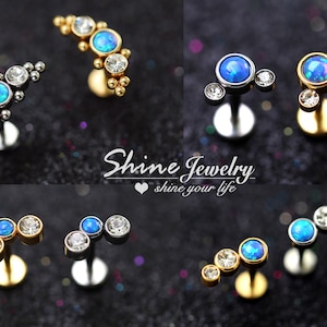 Vintage Opal CZ Dots Bar Ear Climber Cartilage Helix Tragus Conch Stud Earrings, 16g Surgical Steel Flat Back Ear Nose Labret Stud Piercing