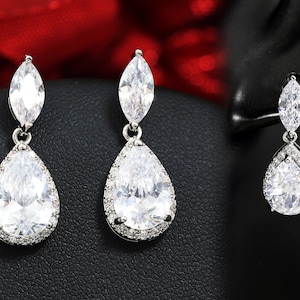 Pendientes de novia Silver Marquise Teardrop, Pendientes de boda Dangle Drop, Pendientes de cristal de estilo vintage, Joyas de novia, Pendiente de boda