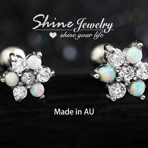 White Opal Crystal Flower Ear Cartilage Helix Tragus Conch Stud Earring,  Vintage Silver Flower Stud Earrings, Screw Back Ear Body Piercing