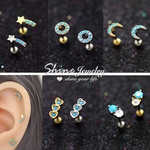 20g Blue Turquoise Cute Moon / Star / Circle / Heart Ear Cartilage Helix Tragus Conch Climber Earring, Screw Back Barbell Ear Piercing Stud