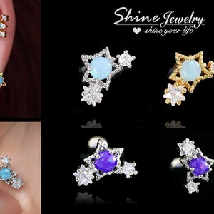 Trinity Crystal Opal Stars Ear Climber,  Silver/ Gold Ear Cartilage Helix Conch Stud Earring, Screw Back Surgical Steel Body Ear Piercing