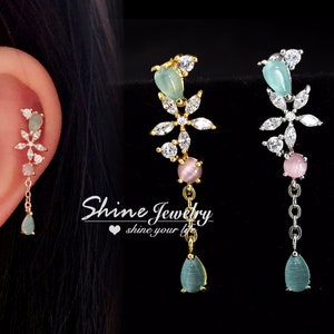 Pink Green Moon Stone Flower Drop Stud Earring, Silver / Gold Helix / Conch / Cartilage/ Tragus Stud Earring, 20g Screw Back Climber Earring
