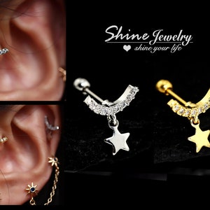 Crystal Moon Curve Bar Star Drop Stud Earring, Silver / Gold Helix / Conch / Cartilage/ Tragus Stud Earring, 20g Screw Back Climber Earring