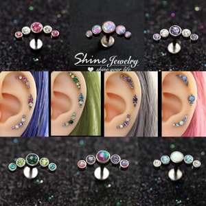 White/Pink/Blue/Purple/Green Opal Ear Climber, Opal Ear Cartilage Helix Conch Stud Earring, Flat Back Internal Thread Body Ear Piercing