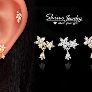 Crystal Flowers with Droplet Stud Earring, Silver /Rose /Gold Helix / Conch / Cartilage/ Tragus Stud Earring, 20g Screw Back Climber Earring