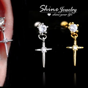 Minimalist Crystal Cross Drop Dangle Earring, Helix / Conch Stud Earring, Cartilage/Tragus Earring, 20g Screw Back Bar Ear Piercing Earring