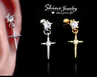 Minimalistische Crystal Cross Drop Dangle Earring, Helix / Conch Stud Earring, Kraakbeen/Tragus Earring, 20g Screw Back Bar Ear Piercing Earring