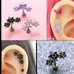 Pink/Black/Purple Crystal Trinity Flower Ear Climber, Flower Ear Cartilage Helix Stud Earring, 16g Screw Back Surgical Steel Ear Piercing