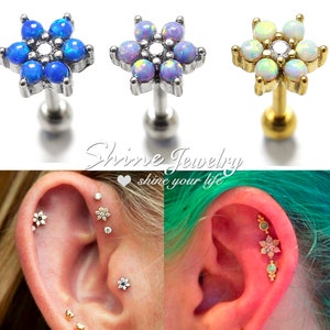 White/Purple/Blue Opal Flower Ear Cartilage Helix Tragus Conch Stud Earring,  Silver/Rose/Gold Flower Stud Earrings, Screw Back Ear Piercing