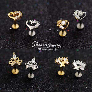 Vintage Crown, Crystal Heart Butterfly Bar Ear Cartilage Helix Tragus Conch Stud Earrings, Surgical Steel Flat Back Ear Labret Stud Piercing