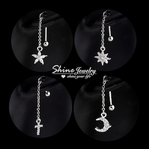 Threader Earring, Flower/Moon/Star/Cross Chain Drop Dangle Earring, Screw Back Bar Ear Conch Helix Cartilage Chain Dangle Piercing Earring