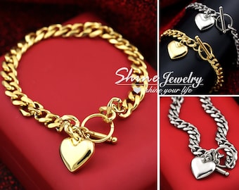 9CT Gold Filled Love Heart Charm Toggle Bracelet, T Bar Diamond Cut Curb Chain Bracelet, Gold / Silver Chain & Link Bracelet, Gift for Her