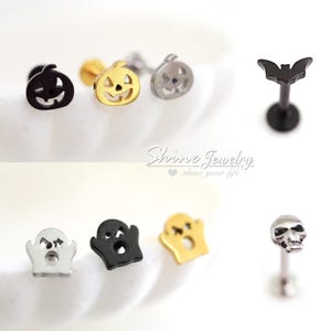 Halloween Ghost Pumpkin Bat Skull Ear Cartilage Helix Tragus Conch Stud Earrings, Surgical Steel Flat Back Ear Nose Labret Stud Piercing
