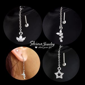 Threader Earring, Star/Crown/Butterfly Charm Dangle Chain Earring, Screw Back Bar Ear Conch Helix Cartilage Chain Dangle Piercing Earring