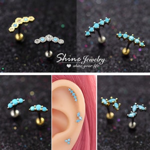20g Blue Turquoise Curve Bar Climber Earring, Trinity Bar Marquise Ear Cartilage Stud Earring, Screw Back Barbell mini Climber Ear Piercing