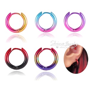 15mm Titanium Graduated Multi-colored Band Round Ring Hoop, Minimal Hoop Clicker Ring, Ear Helix Sleeper Hoop Piercing, Hoop Earring