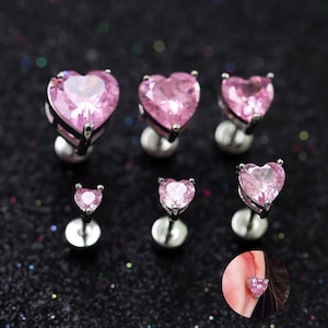 Cute Pink Love Heart 3-8mm Studs, Helix / Cartilage / Tragus Earring, Screw Back 20g Bar Steel Piercing Earring, Birthday/Anniversary Gift