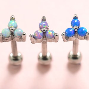 Trilogy White/Blue/Purple Opal Gem Flower Ear Cartilage Helix Tragus Conch Stud Earrings, Screw Back Surgical Steel Ear Body Piercing