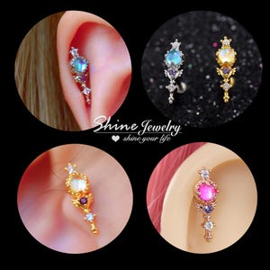 Magic Wand Earring, Ear Climber, Moonstone Crystal Ear Helix / Cartilage / Tragus Piercing Ring, Screw Ball Back Bar Steel Stud Earring
