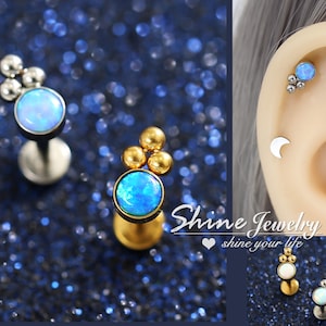16g 4mm Opal Gem Dots Ring Bar Round Stud Ball, Stud Earring, Internally Thread, Ear Cartilage Helix Tragus Nose Lip Piercing, Body Piercing