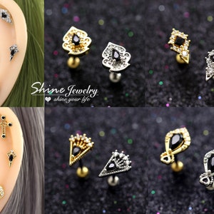 Vintage zwarte edelsteen spike / amulet / driehoek oorkraakbeen helix tragus klimmer nageloorring, staafje met schroefsluiting chirurgisch staal oorpiercing