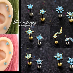 Blue Turquoise Flower / Snake / Star Ear Cartilage Helix Tragus Climber Stud Earring, Screw Back Barbell Surgical Steel Ear Piercing