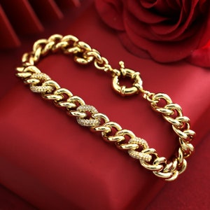 18CT Gold Filled Belcher Chain Bracelet, Bolt Ring Bracelet, paved CZ Belcher Ring Bracelet, 20cm Chunky Band Bracelet, Gift for Her / Mum