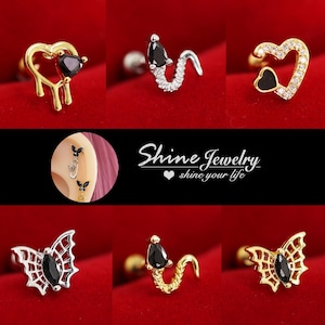 Gothic Punk Black Crystal Heart, Snake, Butterfly Earring, 20g Screw Back Helix, Conch, Cartilage, Tragus Halloween Ear Piercing Stud Ring